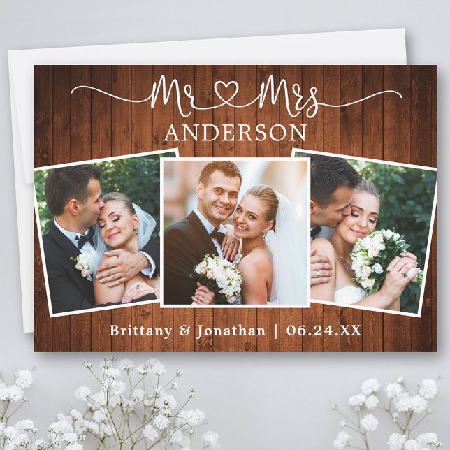 Calligraphy Heart Mr. Mrs. Wedding 3 Photos Wood Thank You Card (Customize to change your personalized text size or text style.)