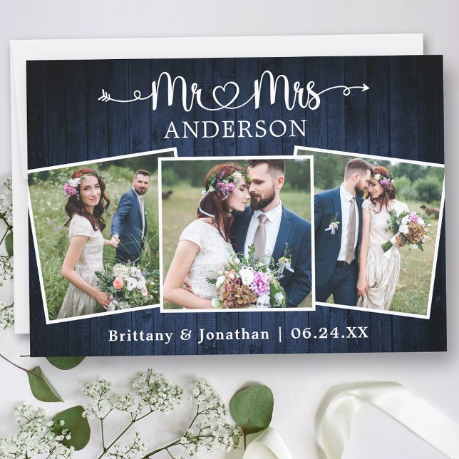 Calligraphy Heart Mr. Mrs. Wedding Blue Wood Thank You Card (Customize to change your personalized text size or text style.)