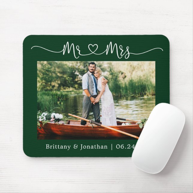 Calligraphy Heart Mr. Mrs. Wedding Green Mouse Pad (With Mouse)
