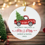 Calligraphy Heart Our First Christmas Red Truck Ceramic Ornament<br><div class="desc">Modern Calligraphy Script Heart Our First Christmas as Mr. and Mrs. - Watercolor Vintage Red Truck Ornament</div>