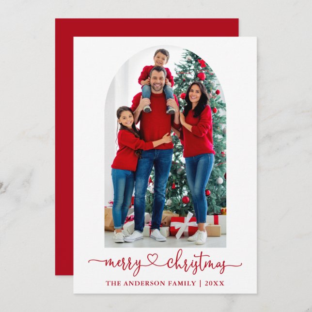 Calligraphy Heart Photo Arch Red Christmas Holiday Card (Front/Back)