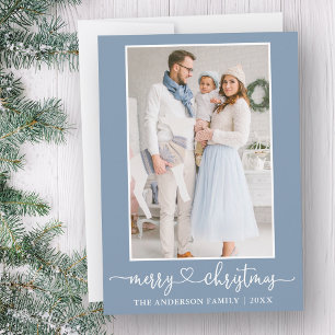 Calligraphy Heart Photo Merry Christmas Dusty Blue Holiday Card