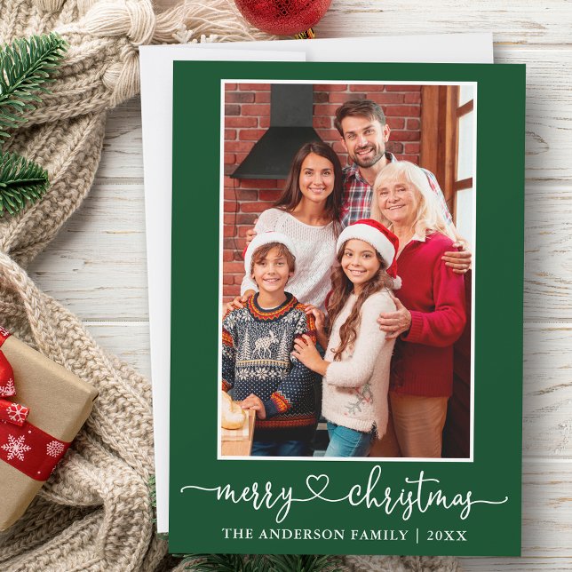 Calligraphy Heart Photo Merry Christmas Green Holiday Card (Customize to change your personalized text size or text style.)