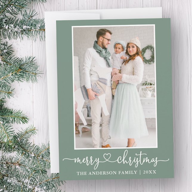 Calligraphy Heart Photo Merry Christmas Sage Green Holiday Card (Customize to change your personalized text size or text style.)