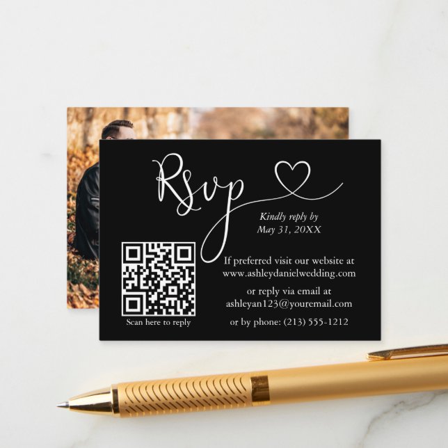 Calligraphy Heart Photo QR RSVP Wedding Enclosure Card (Front/Back In Situ)