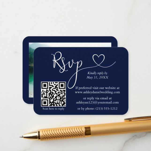 Calligraphy Heart Photo Wedding Blue RSVP QR Enclosure Card (Front/Back In Situ)