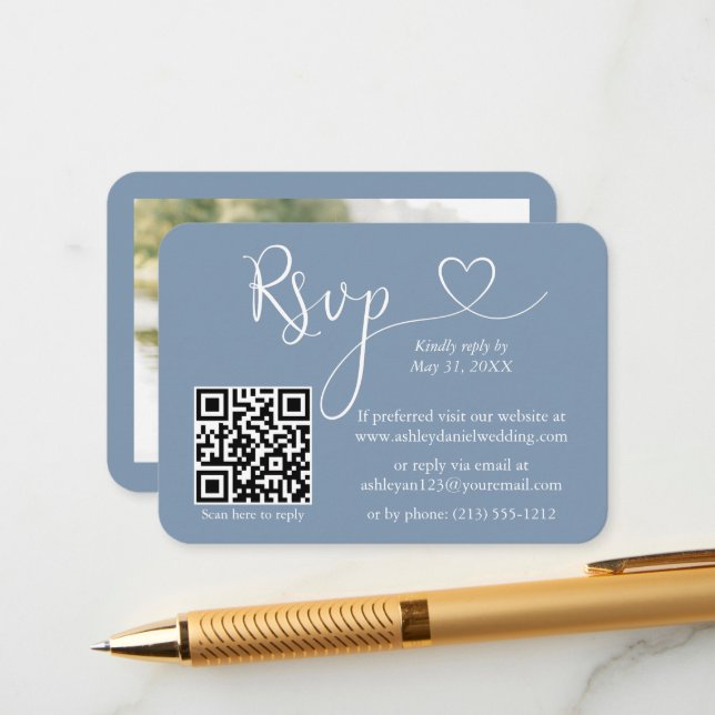 Calligraphy Heart Photo Wedding Dusty Blue RSVP QR Enclosure Card (Front/Back In Situ)