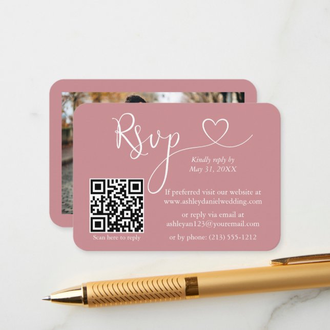 Calligraphy Heart Photo Wedding Dusty Rose RSVP QR Enclosure Card (Front/Back In Situ)