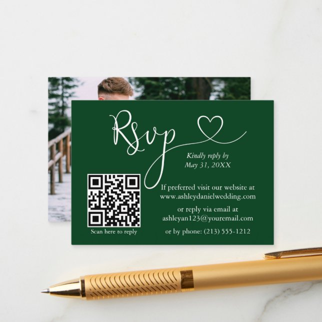 Calligraphy Heart Photo Wedding Green QR RSVP Enclosure Card (Front/Back In Situ)