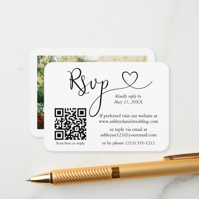Calligraphy Heart Photo Wedding RSVP QR White Enclosure Card (Front/Back In Situ)