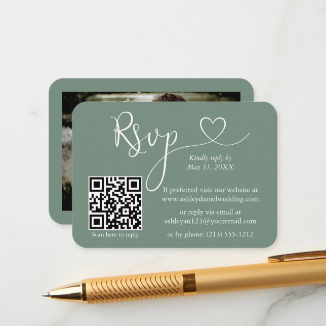 Calligraphy Heart Photo Wedding Sage Green RSVP QR Enclosure Card (Front/Back In Situ)
