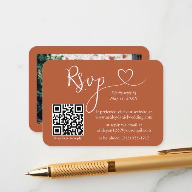 Calligraphy Heart Photo Wedding Terracotta RSVP QR Enclosure Card (Front/Back In Situ)