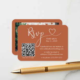 Calligraphy Heart Photo Wedding Terracotta RSVP QR Enclosure Card