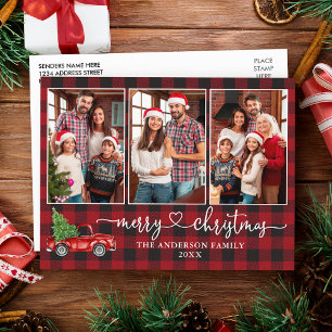 Calligraphy Heart Plaid 3 Photo Christmas Truck Postcard