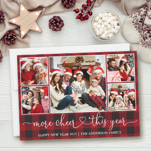Calligraphy Heart Plaid More Cheer 5 Photo  Holiday Card