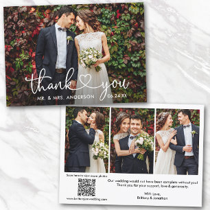 Calligraphy Heart QR Code 4 Photo Wedding Thank You Card