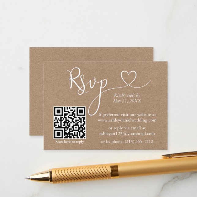 Calligraphy Heart QR Kraft Wedding RSVP Enclosure Card (Front/Back In Situ)
