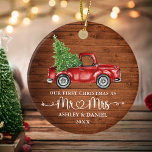 Calligraphy Heart Rustic First Christmas Red Truck Ceramic Ornament<br><div class="desc">Modern Calligraphy Script Heart Our First Christmas as Mr. and Mrs. - Watercolor Vintage Red Truck Ornament - Rustic Country Wood Print</div>