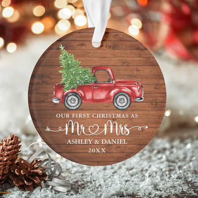 Calligraphy Heart Rustic First Christmas Red Truck Ornament (Calligraphy Script Heart Mr. & Mrs. Our First Christmas Vintage Truck Ornament)