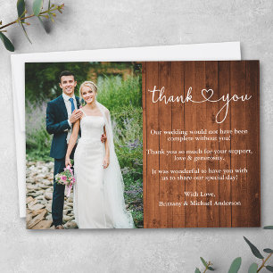 Calligraphy Heart Rustic Wood Wedding Photo Thank You Card