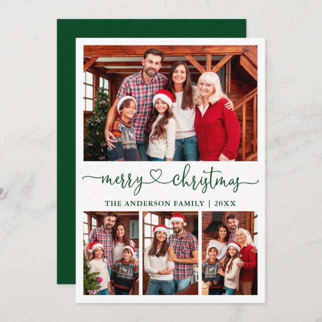 Calligraphy Heart Script Christmas 4 Photo Green Holiday Card (Front/Back)