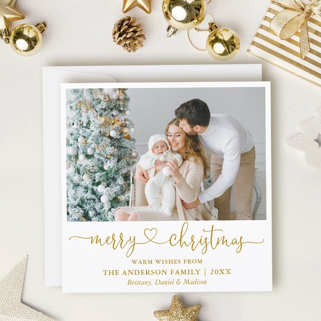 Calligraphy Heart Script Christmas Gold Square Holiday Card (Customize to add text to back of card.)