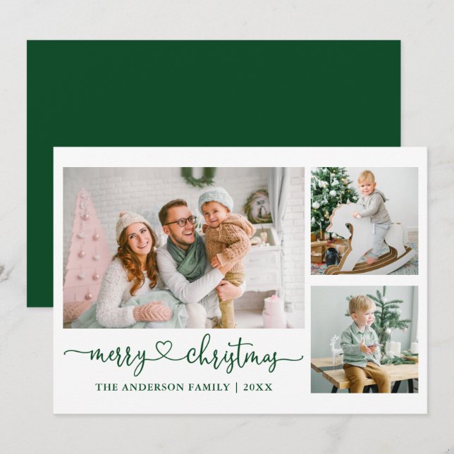Calligraphy Heart Script Green Christmas 3 Photo Holiday Card (Front/Back)