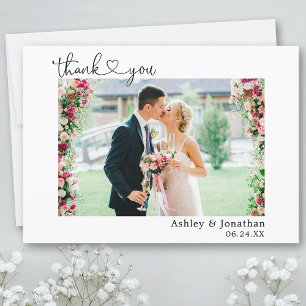 Calligraphy Heart Script Wedding Photo Thank You Card