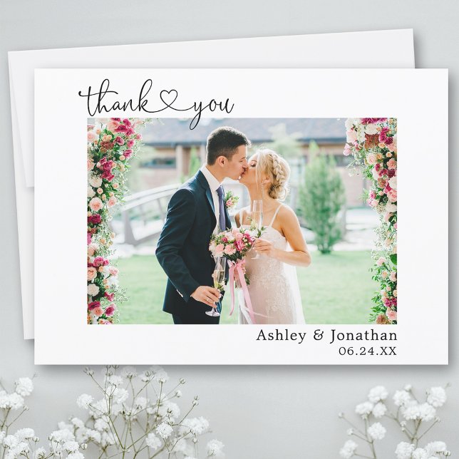 Calligraphy Heart Script Wedding Photo Thank You Card (Customize to change your personalized text size or text style.)