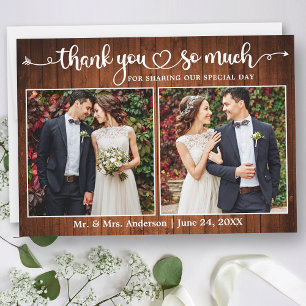 Calligraphy Heart Script Wood 2 Photo Wedding Thank You Card
