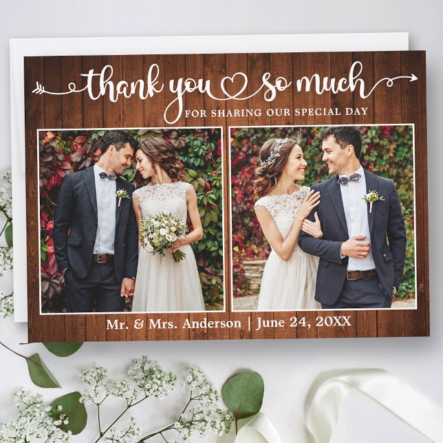 Calligraphy Heart Script Wood 2 Photo Wedding Thank You Card (Customize to change your personalized text size or text style.)
