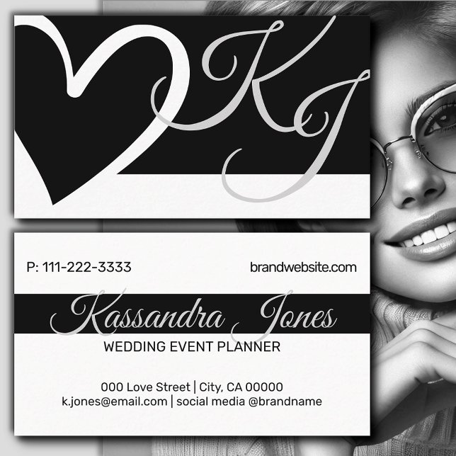 Calligraphy Heart Shape Black and White Initials Business Card (Creator Uploaded)