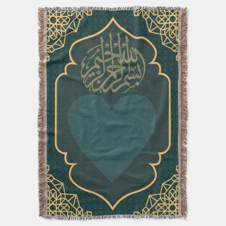 Calligraphy Heart Teal Gold Woven Throw Blanket