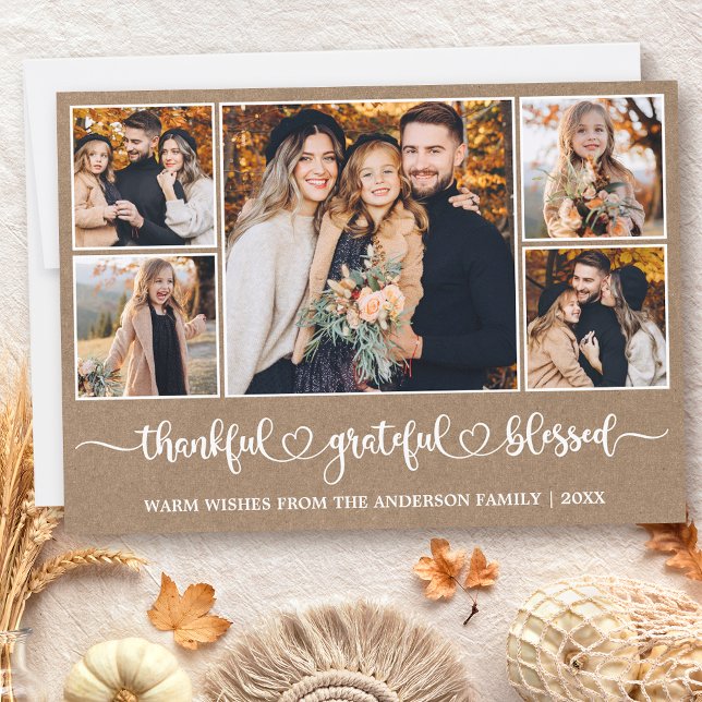 Calligraphy Heart Thankful 5 Photo Kraft Holiday Card (Customize to add text to back of card.)