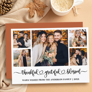 Calligraphy Heart Thankful 5 Photos Holiday Card