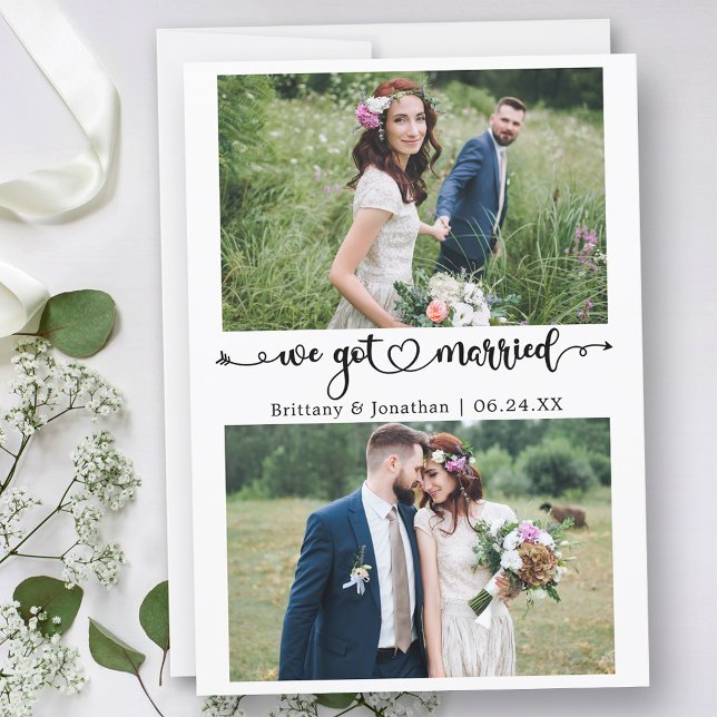 Calligraphy Heart We Got Married 2 Photos Wedding Announcement (Customize to change your personalized text size, text style or to add text to back of card.)