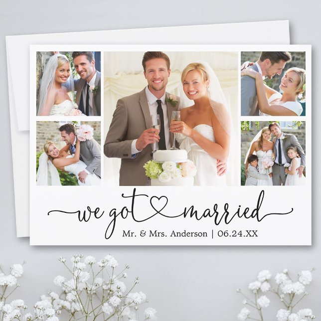 Calligraphy Heart We Got Married 5 Photo Wedding Announcement (Customize to add text or more photos to back of card.)