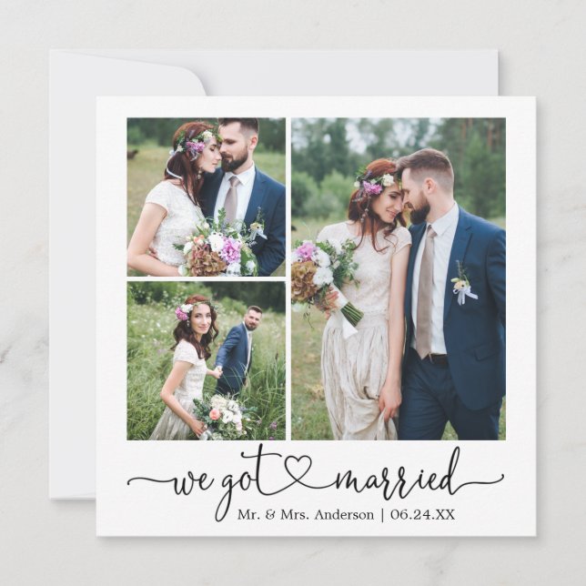 Calligraphy Heart We Got Married Wedding 3 Photo Announcement (Front)