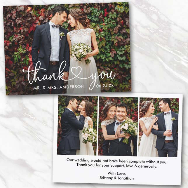 Calligraphy Heart Wedding Bride Groom 4 Photo Thank You Card (Customize to change your personalized text size or text style.)