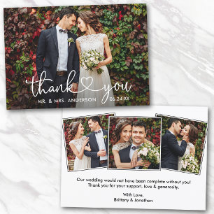 Calligraphy Heart Wedding Bride Groom 4 Photos Thank You Card