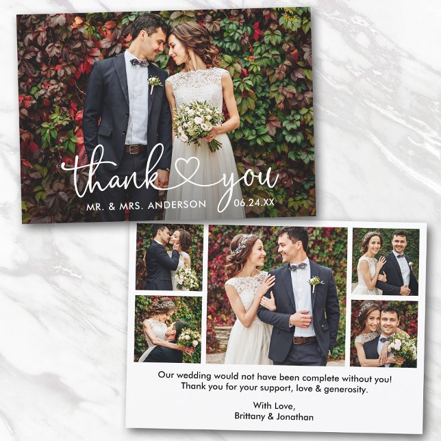 Calligraphy Heart Wedding Bride Groom 6 Photo Thank You Card (Customize to change your personalized text size or text style.)