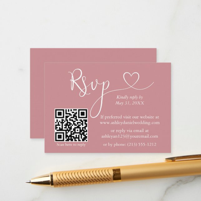Calligraphy Heart Wedding QR RSVP Dusty Rose Enclosure Card (Front/Back In Situ)