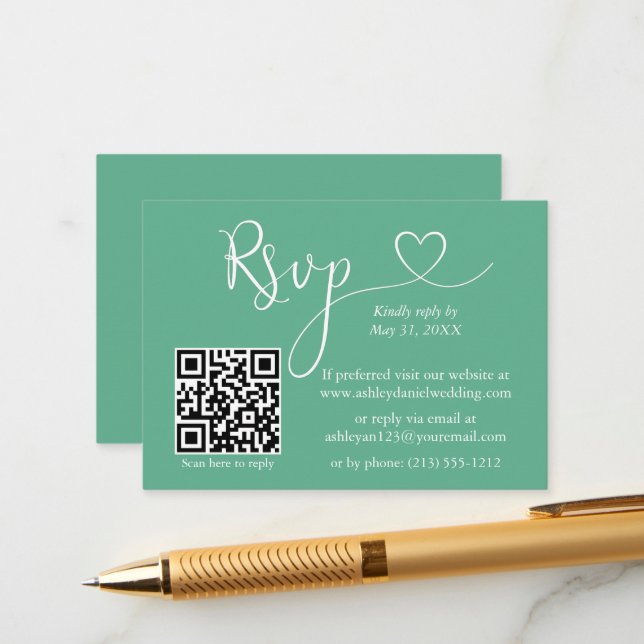 Calligraphy Heart Wedding QR RSVP Neo Mint Green Enclosure Card (Front/Back In Situ)