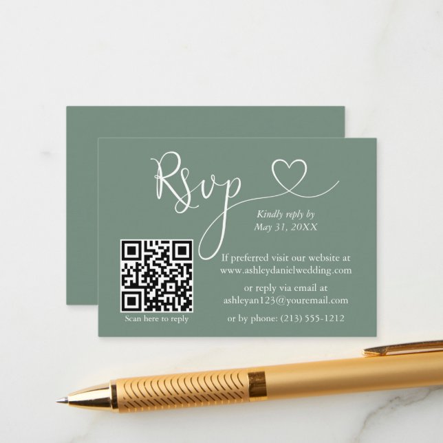 Calligraphy Heart Wedding QR RSVP Sage Green Enclosure Card (Front/Back In Situ)
