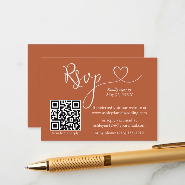 Calligraphy Heart Wedding QR RSVP Terracotta Enclosure Card (Front/Back In Situ)
