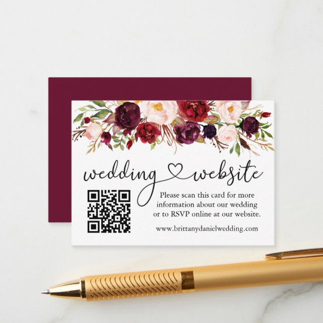 Calligraphy Heart Wedding Web QR Burgundy Floral Enclosure Card (Front/Back In Situ)