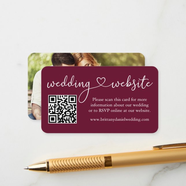 Calligraphy Heart Wedding Web QR Photo Burgundy Enclosure Card (Front/Back In Situ)