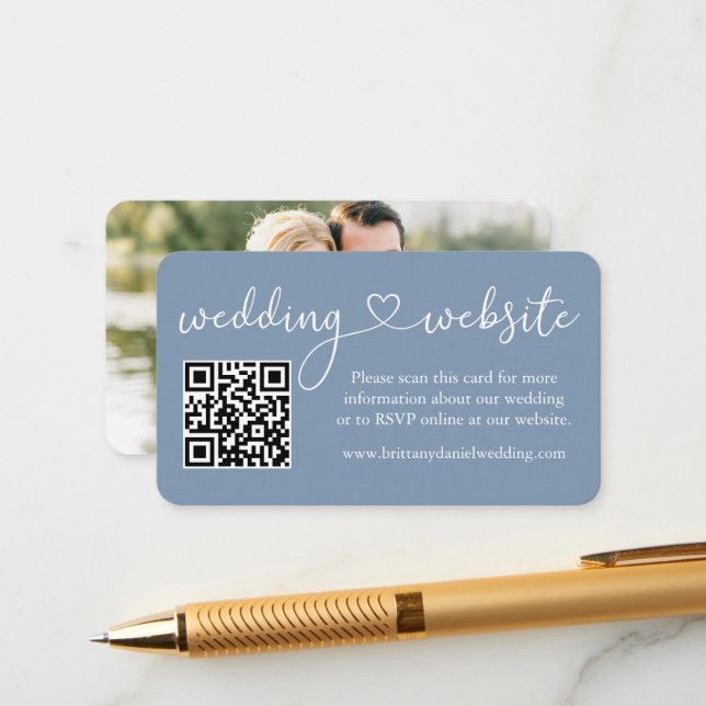 Calligraphy Heart Wedding Web QR Photo Dusty Blue Enclosure Card (Front/Back In Situ)
