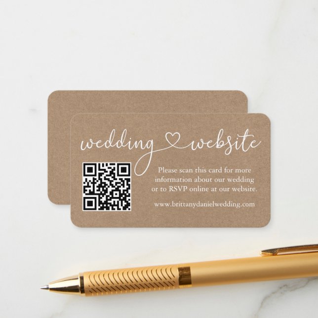 Calligraphy Heart Wedding Website QR Kraft Enclosure Card (Front/Back In Situ)