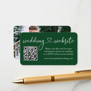 Calligraphy Heart Wedding Website QR Photo Green Enclosure Card